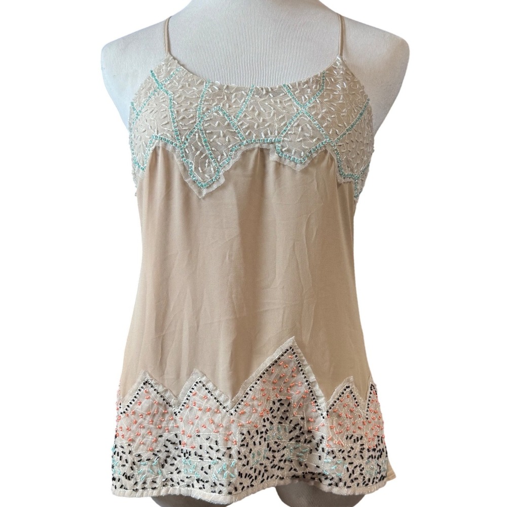 BKE Boutique Beaded Camisole Womens XS Embellished Halter Tank Top Tan Boho